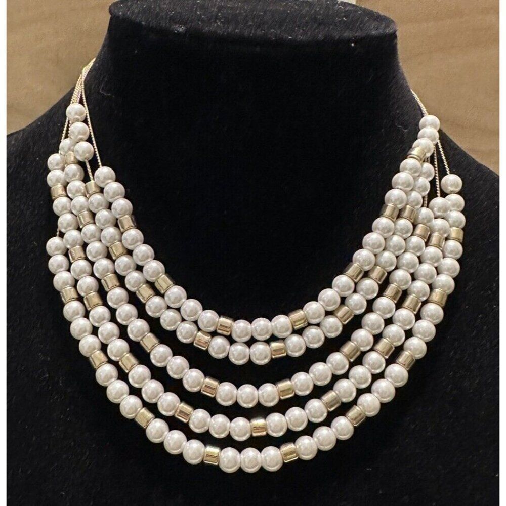 5 strand glass Faux Pearl Beaded Collar Necklace Gold tone wedding prom formal